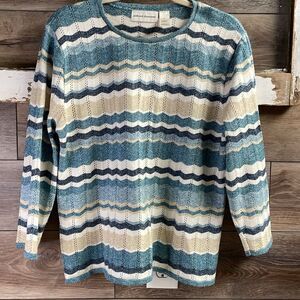 ALFRED DUNNER Womens Striped Pullover Open Knit Sweater Size Large Teal